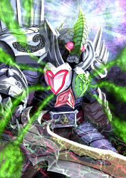 Rule 34 | another blade (zi-o), another rider (zi-o), armor, aura, beetle, blue armor, bug, card, clenched teeth, colored skin, creature, evil, glowing, glowing eyes, holding, holding sword, holding weapon, insect, kamen rider, kamen rider zi-o (series), looking at viewer, monster, oversized object, playing card, poker, powering up, red skin, rider belt, shinpei (shimpay), shoulder spikes, skull, spade (shape), spiked gauntlets, spikes, sword, teeth, weapon