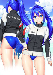 Rule 34 | 1girl, ass, black jacket, blue eyes, blue hair, blue one-piece swimsuit, blue sky, clothes writing, cloud, commentary request, competition swimsuit, feet out of frame, hair between eyes, highres, jacket, kuri (kurigohan), long hair, multicolored clothes, multicolored jacket, multiple views, one-piece swimsuit, original, ponytail, sidelocks, sky, swimsuit, swimsuit under clothes, track jacket, two-tone jacket, very long hair