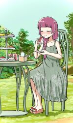 Rule 34 | 1girl, alcohol carton, blush, bocchi the rock!, braid, braided ponytail, chair, closed eyes, closed mouth, day, dress, fang, fang out, flat chest, green dress, highres, hiroi kikuri, holding, holding saucer, long hair, nose blush, outdoors, platform footwear, purple hair, sandals, saucer, sitting, sleeveless, sleeveless dress, smile, solo, tiered tray, torako (toramaru), tree