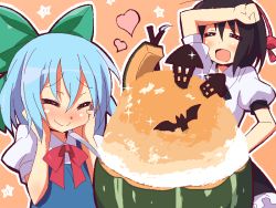 Rule 34 | 2girls, 9law, bad id, bad pixiv id, black hair, blue hair, blush, bow, cirno, closed eyes, food, hair bow, halloween, hands on own cheeks, hands on own face, happy, heart, multiple girls, pumpkin, shameimaru aya, shaved ice, short hair, simple background, smile, touhou