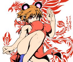 Rule 34 | 1girl, animal ears, atlus, bare legs, bare shoulders, bird, breasts, brown eyes, brown hair, china dress, chinese clothes, chinjuu hibakichi, dress, fighting stance, genderswap, genderswap (mtf), hanamura yousuke, large breasts, mouse ears, persona, persona 4, phoenix, short hair, side slit, solo, standing, standing on one leg, thighs