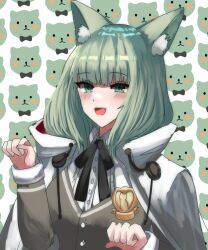 Rule 34 | 1girl, :d, animal ear fluff, animal ears, arknights, black ribbon, blue sealad, blush, cape, cardigan, cat ears, commentary, fang, green eyes, green hair, grey cardigan, harmonie (arknights), highres, long hair, long sleeves, looking at viewer, neck ribbon, open mouth, ribbon, smile, solo, upper body, white background, white cape