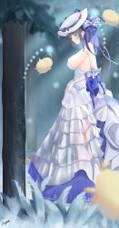 Rule 34 | 1girl, azur lane, backless dress, backless outfit, bare shoulders, bareback, blue eyes, blue hair, breasts, bustier, cheshire (azur lane), cheshire (the cat and the white steed) (azur lane), dress, evening gown, grey hair, hat, highres, large breasts, layered dress, long dress, manjuu (azur lane), megumi kei, multicolored hair, official alternate costume, outdoors, see-through, see-through dress, signature, solo, strapless, strapless dress, streaked hair, sun hat, two-tone hair, white hat
