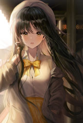 Rule 34 | 1girl, absurdres, black hair, blush, bow, breasts, chaerom, earphones, hat, highres, jacket, long hair, long sleeves, looking at viewer, original, parted lips, school uniform, sunset, yellow bow