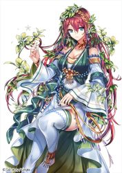 Rule 34 | 1girl, blue eyes, copyright name, flower, hair flower, hair ornament, japanese clothes, official art, plant, print thighhighs, red hair, sid story, sila (carpen), solo, thighhighs