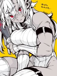 Rule 34 | 1girl, arm belt, arm under breasts, arm warmers, breasts, commentary, dark-skinned female, dark skin, fang, female focus, greyscale, greyscale with colored background, hair between eyes, highres, holding, holding mace, holding weapon, japanese text, large breasts, long hair, looking at viewer, monochrome, muscular, muscular arms, muscular female, original, pointy ears, red eyes, simple background, sitting, solo, spot color, symbol-only commentary, takatsuki ichi, tears, thick eyebrows, thighhighs, thighs, translation request, weapon, yellow background