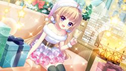 Rule 34 | 1girl, bare shoulders, belt, black thighhighs, blue eyes, blurry, blurry foreground, box, breasts, brick wall, brown belt, christmas, christmas ornaments, christmas tree, cleavage, collarbone, couch, cup, dot nose, dress, drink, dutch angle, film grain, fire, fireplace, game cg, gift, gift box, hat, holding, holding cup, holding drink, indoors, itsumura haruka, izumi tsubasu, jewelry, layered skirt, lens flare, light brown hair, long hair, looking at viewer, low twintails, necklace, non-web source, off-shoulder dress, off shoulder, official art, on couch, open mouth, pearl necklace, pink hat, plant, plate, potted plant, re:stage!, rug, santa hat, short dress, sitting, skirt, small breasts, smile, snowflake print, solo, sparkle, star (symbol), thighhighs, tinsel, twintails, white dress, white wristband, wooden floor, zettai ryouiki