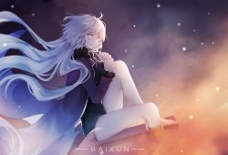 Rule 34 | 1girl, barefoot, black dress, blue cape, cape, dress, fate/grand order, fate (series), floating hair, fur trim, highres, jeanne d&#039;arc (fate), jeanne d&#039;arc alter (avenger) (fate), jeanne d&#039;arc alter (fate), long hair, looking at viewer, nichts (pixiv19636538), parted lips, short dress, silver hair, sitting, smile, solo, very long hair, yellow eyes