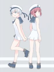 Rule 34 | 10s, 2girls, arms behind back, bare shoulders, blue eyes, clothes writing, from behind, full body, hat, highres, kantai collection, leg up, looking back, multiple girls, open mouth, red eyes, red hair, sailor collar, sailor hat, seedflare, shirt, short hair, silver hair, simple background, sleeveless, sleeveless shirt, standing, striped, striped background, white hat, z1 leberecht maass (kancolle), z3 max schultz (kancolle)