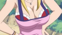 Rule 34 | 1girl, animated, animated gif, bare shoulders, blonde hair, bouncing breasts, breasts, brown eyes, cleavage, fairy tail, jewelry, large breasts, lucy heartfilia, necklace, view between breasts