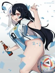 Rule 34 | 1girl, 2022, 2022 fifa world cup, absurdres, ahoge, argentina, argentinian flag, argentinian flag print, artist name, ass, ball, beer bottle, black hair, blue hair, blue nails, body writing, bottle, breasts, confetti, facepaint, flag print, hair between eyes, highres, holding, holding bottle, indie virtual youtuber, large breasts, long hair, looking at viewer, momote, momote (vtuber), multicolored hair, nail polish, naked shirt, no pants, open mouth, red eyes, shirt, short sleeves, smile, soccer, soccer ball, soccer uniform, socks, solo, split-color hair, sportswear, streaked hair, striped clothes, striped shirt, t-shirt, thighs, two-tone hair, two side up, v-shaped eyebrows, vertical-striped clothes, vertical-striped shirt, very long hair, virtual youtuber, white hair, white socks, wide hips, world cup