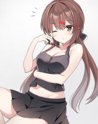 Rule 34 | 1girl, black bow, black skirt, blush, bow, breasts, brown eyes, brown hair, cleavage, closed mouth, collarbone, fathom, hair between eyes, hair bow, hair ornament, hairclip, kantai collection, long hair, low twintails, medium breasts, one eye closed, pleated skirt, skirt, smile, solo, tashkent (kancolle), twintails