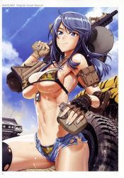 Rule 34 | 1girl, absurdres, ahoge, assault rifle, bare shoulders, bikini, bikini top only, black thighhighs, blue eyes, blue hair, breasts, camouflage, camouflage bikini, canteen, cloud, cowboy shot, day, dog tags, elbow pads, fingerless gloves, gloves, gun, hat, highres, holding, holding weapon, large breasts, long hair, nail polish, navel, outdoors, rifle, satou shouji, scan, short shorts, shorts, sky, smile, solo, sparkle, swimsuit, thighhighs, toranoana, torn clothes, torn shorts, torn thighhighs, vehicle, weapon, wet