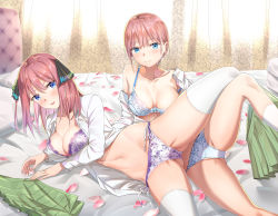 Rule 34 | 2girls, bed, bed sheet, blue eyes, blunt bangs, blush, bra, breasts, breasts apart, cleavage, closed mouth, collarbone, collared shirt, commentary request, curtains, day, dress shirt, gluteal fold, go-toubun no hanayome, green skirt, groin, hair between eyes, hair ornament, hair ribbon, highres, indoors, kongbai, lace, lace-trimmed bra, lace-trimmed panties, lace trim, large breasts, long hair, long sleeves, looking at viewer, lying, miniskirt, multiple girls, nakano ichika, nakano nino, navel, off shoulder, on bed, on side, open clothes, open shirt, panties, petals, pillow, pink hair, pleated skirt, purple panties, red hair, ribbon, shirt, short hair, siblings, side-tie panties, sisters, skindentation, skirt, unworn skirt, smile, spread legs, stomach, strap slip, thighhighs, underwear, white legwear, white panties, white shirt, wing collar