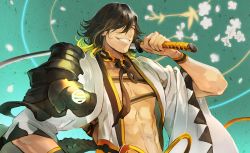 Rule 34 | 10s, 1boy, abs, black hair, eyebrows, eyes visible through hair, flower, grin, hair over one eye, highres, holding, holding weapon, japanese clothes, looking at viewer, male focus, multicolored hair, nagasone kotetsu, petals, smile, solo, sword, touken ranbu, two-tone hair, weapon, yellow eyes, yonsang21