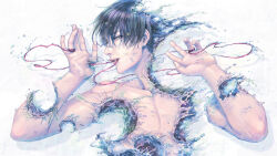 Rule 34 | 1boy, chromatic aberration, commentary request, dated commentary, detached arm, floating, from above, grey eyes, grey hair, highres, hole, hole on body, kanoll (user wjyd3282), looking at viewer, male focus, multicolored eyes, multicolored hair, open hands, original, short hair, simple background, solo, string, string in mouth, string of fate, topless male, upper body, water, water drop, waves