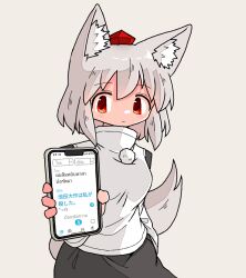 Rule 34 | 1girl, animal ear fluff, animal ears, cellphone, closed mouth, grey hair, hat, holding, holding phone, inubashiri momiji, kasuya baian, light blush, long sleeves, looking at viewer, phone, pom pom (clothes), red eyes, short hair, smartphone, solo, tail, tokin hat, touhou, translation request, wolf ears, wolf girl, wolf tail