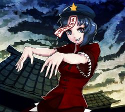 Rule 34 | 1girl, blue eyes, blue hair, breasts, building, chinese clothes, face, female focus, foreshortening, grin, hat, matching hair/eyes, miyako yoshika, nosuku, ofuda, outdoors, outstretched arms, short hair, sky, smile, solo, star (symbol), teeth, touhou, zombie pose