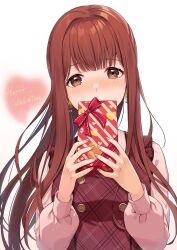 Rule 34 | 1girl, absurdres, blush, box, brown hair, covered mouth, dress, gift, gift box, happy valentine, heart, highres, holding, holding box, idolmaster, idolmaster million live!, idolmaster million live! theater days, long hair, looking at viewer, mugenpai, pinafore dress, pink shirt, plaid, plaid dress, ponytail, private dress (idolmaster million live!), shirt, simple background, sleeveless, sleeveless dress, solo, tanaka kotoha, upper body, very long hair, white background