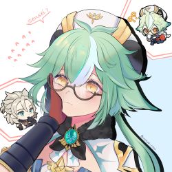 Rule 34 | 1boy, 1girl, ?, ??, absurdres, albedo (genshin impact), artist name, black gloves, braid, brooch, chibi, closed mouth, commentary, english commentary, flying sweatdrops, gem, genshin impact, glasses, gloves, green eyes, green hair, grey hair, hair between eyes, hand on another&#039;s face, hat, highres, jewelry, long hair, medium hair, multicolored hair, pov, pov hands, simple background, sucrose (genshin impact), symbol-shaped pupils, thinking, two-tone background, two-tone hair, unosaki2, white hair, yellow eyes