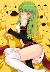 Rule 34 | 00s, 1girl, boots, c.c., cheese-kun, code geass, detached sleeves, green hair, high heels, pizza hut, shoes, solo, thigh boots, thighhighs, yellow eyes