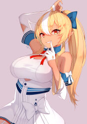 Rule 34 | 1girl, absurdres, bare shoulders, blonde hair, bow, breasts, cleavage, dark-skinned female, dark skin, detached sleeves, dress, elf, gloves, grin, hair bow, half gloves, high ponytail, highres, hololive, large breasts, long hair, looking at viewer, multicolored hair, orange eyes, pointy ears, shiranui flare, shiranui flare (1st costume), sidelocks, smile, solo, streaked hair, thighs, virtual youtuber, white dress, white gloves, yuruto