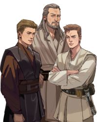 Rule 34 | 3boys, absurdres, aged down, alternate universe, anakin skywalker, animification, bad id, bad twitter id, beard, belt, blue eyes, braid, brown hair, brown robe, brown sash, closed mouth, commentary, crossed arms, ctstudio (executional), energy sword, english commentary, eye contact, facial hair, frown, grey eyes, grey hair, grey robe, highres, lightsaber, lips, long hair, looking at another, looking at viewer, male focus, mole, mole under eye, multiple boys, mustache, obi-wan kenobi, parted lips, qui-gon jinn, robe, sash, short hair, simple background, single braid, sketch, smile, standing, star wars, sword, time paradox, weapon, white background, white robe