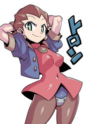 Rule 34 | 1girl, arms behind head, breasts, brown hair, character name, closed mouth, crotch plate, earrings, green eyes, hair pulled back, hair slicked back, jewelry, long hair, looking at viewer, medium breasts, mega man (series), mega man legends (series), pantyhose, simple background, smile, solo, standing, tron bonne (mega man), tukiwani, white background