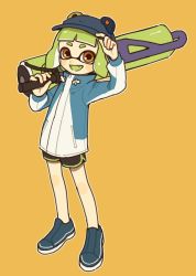 Rule 34 | 1girl, adjusting clothes, adjusting headwear, bad id, bad twitter id, baseball cap, black shorts, blue footwear, blue hat, blue jacket, blunt bangs, colored tongue, dolphin shorts, fang, flingza roller (splatoon), frog hat, full body, gomi (kaiwaresan44), green hair, green tongue, hat, holding, holding weapon, inkling, inkling girl, inkling player character, jacket, looking at viewer, nintendo, open mouth, orange background, over shoulder, pointy ears, red eyes, shoes, short hair, short shorts, shorts, simple background, smile, solo, splatoon (series), splatoon 2, standing, tentacle hair, weapon, weapon over shoulder