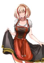 Rule 34 | 1girl, alternate costume, apron, azur lane, blonde hair, bodice, breasts, chushou wang, closed mouth, clothes lift, commentary request, dirndl, german clothes, head tilt, highres, large breasts, lifted by self, looking at viewer, multicolored hair, red hair, roon (azur lane), short hair, simple background, sketch, skirt, skirt lift, smile, solo, standing, streaked hair, waist apron, white background, yellow eyes