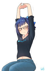 Rule 34 | 1girl, a-chan (hololive), arms up, black shirt, blue bow, blue hair, bow, breasts, closed eyes, clothes lift, collarbone, commentary, denim, glasses, grey background, hair bow, highres, hololive, hori shin, interlocked fingers, jeans, medium hair, midriff, navel, pants, shirt, shirt lift, signature, simple background, sitting, sleeves rolled up, small breasts, solo, stretching, thighs, tight clothes, tight pants, trembling, v-neck, virtual youtuber