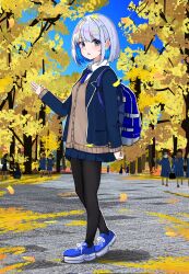 Rule 34 | 1girl, autumn, autumn leaves, backpack, bag, black pantyhose, blue eyes, blue footwear, blue hair, blue jacket, blue necktie, blue skirt, brown sweater, clear sky, day, full body, highres, holding, holding bag, jacket, looking at viewer, necktie, open mouth, original, outdoors, pantyhose, park, pleated skirt, road, school uniform, shirt, shoes, short hair, skirt, sky, sneakers, solo, solo focus, standing, street, sweater, tree, white shirt, yuruligon