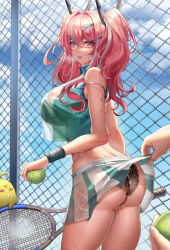 Rule 34 | 1girl, absurdres, ass, azur lane, ball, bare shoulders, black panties, blush, breasts, bremerton (azur lane), bremerton (scorching-hot training) (azur lane), chain-link fence, clothes lift, crop top, crop top overhang, fence, grey hair, hair between eyes, hair ornament, hairclip, heart, heart necklace, highres, holding, holding racket, jewelry, large breasts, long hair, looking at viewer, manjuu (azur lane), mole, mole under eye, multicolored hair, necklace, official alternate costume, panties, pink eyes, pink hair, racket, see-through, shirt, sideboob, skirt, skirt lift, sleeveless, sleeveless shirt, sportswear, streaked hair, sweatdrop, tennis ball, tennis racket, tennis uniform, twintails, two-tone shirt, two-tone skirt, underwear, wet, wet clothes, wet shirt, wet skirt, x hair ornament, yf (hbyg)