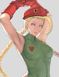 Rule 34 | 1girl, armpits, arms up, bad id, bad pixiv id, beret, blonde hair, blue eyes, braid, cammy white, capcom, fingerless gloves, gloves, hat, leotard, lips, long hair, short hair, simple background, smile, solo, street fighter, take no ko (dodon), twin braids, upper body