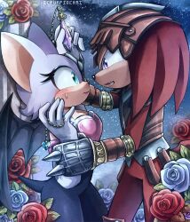 Rule 34 | 1boy, 1girl, alternate costume, animal ears, animal nose, armor, artist name, bat ears, bat girl, bat tail, bat wings, blue eyes, blue flower, blue rose, blush, bodysuit, breasts, cleavage, flower, furry, furry female, furry male, gauntlets, gem, helmet, highres, holding another&#039;s wrist, jewelry, knight, knuckles the echidna, long eyelashes, looking at another, necklace, night, night sky, pendant, purple eyes, red flower, red fur, red rose, rose, rouge the bat, scruffyart, sky, sonic (series), spiked gauntlets, star (sky), starry sky, sweatdrop, tail, white flower, wings