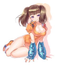Rule 34 | 10s, 1girl, arm support, blue gloves, blush, boots, breasts, brown hair, buckle, cleavage, closed mouth, collarbone, colored eyelashes, diane (nanatsu no taizai), elbow gloves, fingerless gloves, full body, gloves, grey hair, head tilt, high collar, knee boots, large breasts, leaning, legs together, leotard, light smile, looking at viewer, nanatsu no taizai, puffy short sleeves, puffy sleeves, purple eyes, shadow, short sleeves, shouni (sato3), silhouette, simple background, sitting, smile, solo, taut clothes, thigh gap, thighs, twintails, unfastened, white background