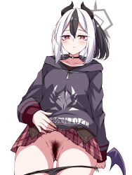 Rule 34 | 1girl, black choker, black hair, black hoodie, black horns, black panties, blue archive, blush, bright pupils, choker, closed mouth, clothes lift, collarbone, female pubic hair, halo, hood, hoodie, horns, kayoko (blue archive), lifted by self, long hair, looking at viewer, multicolored hair, panties, panty pull, pubic hair, pulled by self, red eyes, red skirt, simple background, single wing, skirt, skirt lift, solo, suterii, two-tone hair, underwear, white background, white hair, white pupils, wings