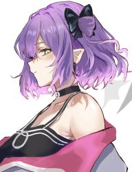 Rule 34 | 1girl, black bow, blush, bow, breasts, choker, cleavage, from side, green eyes, hair behind ear, hair bow, highres, hololive, jacket, looking down, o-ring, o-ring choker, off shoulder, pointy ears, purple hair, ruwo benzen, short hair, small breasts, solo, tokoyami towa, two side up, upper body, virtual youtuber, white jacket