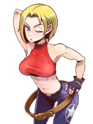 Rule 34 | 1girl, abs, armpits, bare shoulders, belt, blonde hair, blue eyes, blue mary, breasts, crop top, fatal fury, fingerless gloves, gloves, halterneck, halterneck, highres, large breasts, midriff, misonou hirokichi, muscular, navel, pants, short hair, smile, snk, solo, straight hair, the king of fighters
