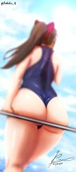 Rule 34 | 1girl, artist name, ass, ass focus, blue one-piece swimsuit, blurry, brown hair, butt crack, cloud, cloudy sky, dated, depth of field, from behind, hair ribbon, highres, lens flare, long hair, love live!, love live! nijigasaki high school idol club, ocean, one-piece swimsuit, osaka shizuku, pagongznoterte, ponytail, red ribbon, ribbon, signature, sitting, sky, solo, swimsuit, twitter username, water