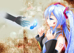 Rule 34 | 1girl, bad id, bad pixiv id, blood, blue eyes, blue hair, detached sleeves, hatsune miku, injury, k-asul, long hair, musical note, necktie, outstretched arm, outstretched hand, reaching, rolling girl (vocaloid), scrape, solo focus, tears, twintails, vocaloid
