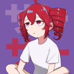 Rule 34 | 1girl, absurdres, alternate costume, bored, closed mouth, commentary, drill hair, feet out of frame, frown, hakkousann125, highres, indian style, kasane teto, liar dancer (synthesizer v), looking ahead, purple background, red eyes, red hair, shirt, short sleeves, sidelocks, sitting, solo, t-shirt, text background, twin drills, utau, white shirt