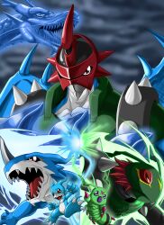 absurdres blue_skin blue_wings blurry blurry_background bug colored_skin digimon digimon_(creature) digimon_adventure_02 dragon evolutionary_line green_skin green_vest helmet highres horns kds_(0049) paildramon red_eyes red_hair red_helmet seiryuu sharp_teeth single_horn stingmon teeth v-mon vest wings wormmon xv-mon