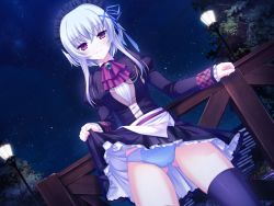 Rule 34 | 1girl, black thighhighs, brooch, female focus, game cg, ibaragi ai, ascot, jewelry, lingerie, outdoors, panties, shirahane nao, sky, solo, sucre, thighhighs, underwear