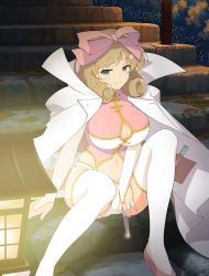 Rule 34 | 1girl, bare hips, breasts, brown hair, chemicals, cleavage, cleavage cutout, clothing cutout, curly hair, elbow gloves, garter straps, gloves, green eyes, hair ribbon, hand on thigh, haruka (senran kagura), highres, huge breasts, knees, lamp, large breasts, legs, looking at viewer, revealing clothes, ribbon, senran kagura, short hair, sitting, sitting on stairs, smile, solo, spread legs, stairs, test tube, thick thighs, thighhighs, thighs, white gloves, white thighhighs