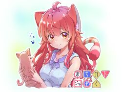 Rule 34 | 1girl, \||/, ahoge, animal ear fluff, animal ears, blue shirt, blush, breasts, brown eyes, brown hair, cat ears, cat girl, cat tail, closed mouth, commentary request, copyright name, cropped torso, fang, hair between eyes, hands up, highres, holding, icorasama, kemonomimi mode, large breasts, lilith (machikado mazoku), long hair, looking at viewer, machikado mazoku, partial commentary, paw print, shirt, sidelocks, simple background, sleeveless, sleeveless shirt, slit pupils, smile, split mouth, striped tail, tail, tareme, translated, upper body, yoshida yuuko (machikado mazoku)