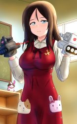 Rule 34 | 1girl, anglerfish, animal print, apron, black hair, blue eyes, blush, borrowed character, chalkboard, closed mouth, collared shirt, commentary, dog print, emblem, fish, girls und panzer, half-closed eyes, hand puppet, highres, indoors, kv-2, long hair, long sleeves, looking at viewer, military, military vehicle, model tank, motor vehicle, nonna (girls und panzer), official alternate costume, panzer iv, panzer iv, pravda (emblem), puppet, rabbit print, red apron, redbaron, shirt, smile, solo, standing, stuffed animal, stuffed rabbit, stuffed toy, swept bangs, tank, twitter username, white shirt, window, wing collar