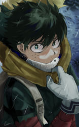 Rule 34 | 1boy, absurdres, backpack, bag, black hair, bodysuit, boku no hero academia, covered mouth, energy, fengling (furin-jp), freckles, gloves, green eyes, green hair, hair between eyes, hand up, highres, looking at viewer, male focus, midoriya izuku, multicolored hair, orange scarf, outdoors, rain, scarf, short hair, short sleeves, signature, solo, torn bodysuit, torn clothes, two-tone hair, upper body, white gloves