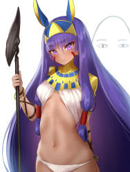 Rule 34 | 1girl, blush, bracelet, breasts, closed mouth, commentary request, dark-skinned female, dark skin, facepaint, fate/grand order, fate (series), hair between eyes, hairband, holding, holding staff, jewelry, long hair, looking at viewer, medium breasts, medjed (fate), midriff, navel, nitocris (fate), polearm, purple eyes, purple hair, simple background, solo, staff, upper body, very long hair, weapon, white background, yaman (yamanta lov)