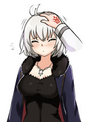 Rule 34 | 1girl, :&lt;, ahoge, ahoge wag, collarbone, command spell, cowfee, disembodied limb, expressive hair, closed eyes, fate/grand order, fate (series), flying sweatdrops, fur collar, headpat, highres, jeanne d&#039;arc (fate), jeanne d&#039;arc alter (fate), jeanne d&#039;arc alter (ver. shinjuku 1999) (fate), jewelry, official alternate costume, pendant, short hair, solo focus, upper body, white hair